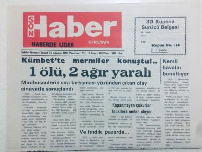 Giresun Son Haber Gazetesi 17 Ağustos 1992 - Kümbette Mermiler Konuştu 1 Ölü 2 Ağır Yaralı GZ40845 - 1
