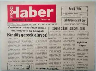 Giresun Son Haber Gazetesi 17 Temmuz 1992 Giresun Uşakları Akçaabatta -GZ37461 - 1
