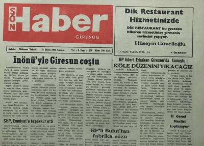 Giresun Son Haber Gazetesi 18 Ekim 1991-Shp Genel Başkanı Erdal İnönüyle Giresun Coştu - GZ14070 - 1
