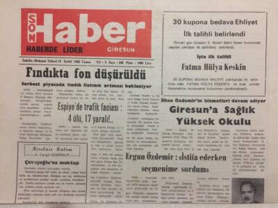 Giresun Son Haber Gazetesi 18 Eylül 1992 - Fındıkta Fon Düşürüldü GZ29954 - 1