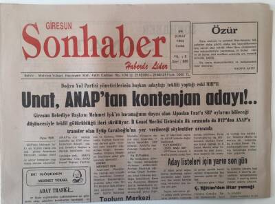 Giresun Son Haber Gazetesi 18 Şubat 1994 - 27 Mart Yerel Seçimlerine Katılacak Siyasi Partilerin Aday Listeleri İçin Yarın Son Gün GZ18261 - 1