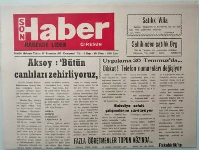 Giresun Son Haber Gazetesi 18 Temmuz 1992 Aksoy Bütün Canlıları Zehirliyoruz -GZ37460 - 1
