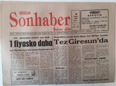 Giresun Son Haber Gazetesi 19 Kasım 1993 - 3167 Öğrencisinin Ümitleri Suya Düştü 1 Fiyasko Daha Açıköğretim Kayıt Klavuzunda İlimizin İsmi Yok GZ18205 - 1