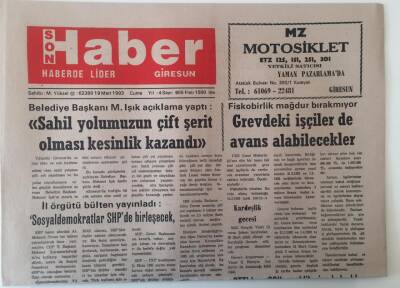 Giresun Son Haber Gazetesi 19 Mart 1993 - Sahil Yolumuzuz Çift Şerit Olması Kesinlik Kazandı , Grevdeki İşçiler de Avans Alabilecekler GZ18248 - 1
