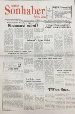 Giresun Son Haber Gazetesi 2 Ağustos 1993 Öğretmenevi Otel Mi? GZ14106 - 1