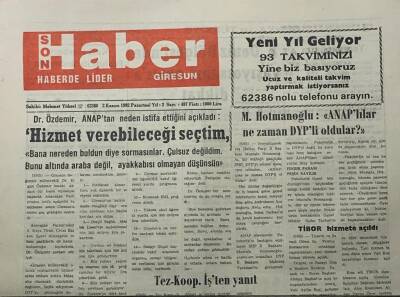 Giresun Son Haber Gazetesi 2 Kasım 1992-Dr. Özdemir ,Anaptan Neden İstifa Ettiğini Açıkladı Hizmet Verebileceği Seçtim- GZ14087 - 1