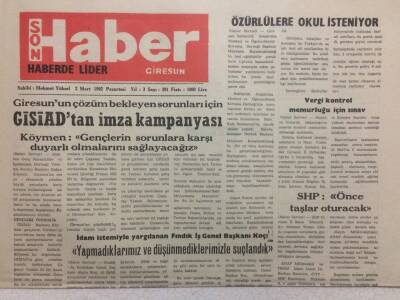 Giresun Son Haber Gazetesi 2 Mart 1992 - Gisiaddan İmza Kampayası GZ35483 - 1