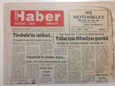 Giresun Son Haber Gazetesi 2 Nisan 1993 - Tireboluda İntihar GZ38453 - 1