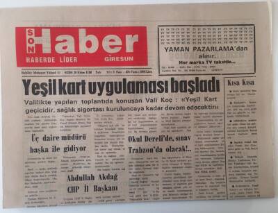 Giresun Son Haber Gazetesi 20 Ekim 1992 - Yeşilkart Uygulaması Başladı , Giresunspor Adından Korkuyorlar GZ18179 - 1