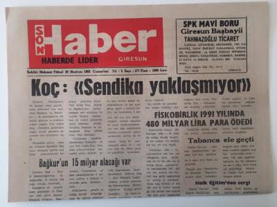 Giresun Son Haber Gazetesi 20 Haziran 1992 - Vali Atilla Koç Sendikalar Uzlaşmıyor GZ18159 - 1