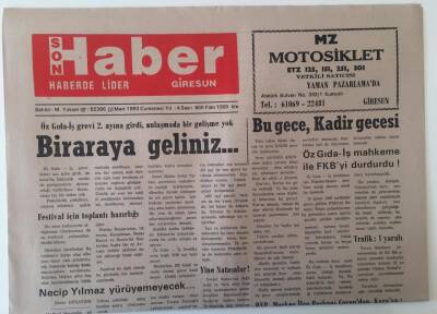 Giresun Son Haber Gazetesi 20 Mart 1993 - Festival İçin Toplantı Hazırlığı , Bu Gece Kadir Gecesi GZ18247 - 1