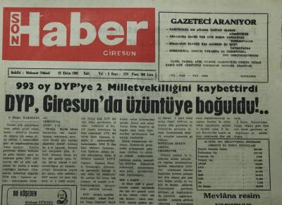 Giresun Son Haber Gazetesi 22 Ekim 1991-Dyp ,Giresunda Üzüntüye Boğuldu !- GZ14073 - 1