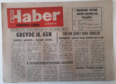 Giresun Son Haber Gazetesi 22 Haziran 1992 - Giresun Belediyesi Grevde 18 Gün de GZ18158 - 1