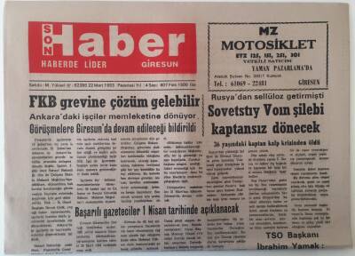 Giresun Son Haber Gazetesi 22 Mart 1993 - FKB Grevine Çözüm Gelebilir , Başarılı Gazeteciler 1 Nisan Tarihinde Açıklanacak GZ18246 - 1