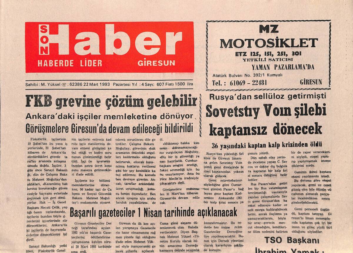 Giresun Son Haber Gazetesi 22 Mart 1993 - FKB Grevine Çözüm Gelebilir - GİFSAD'da Kongre GZ160832 - 1