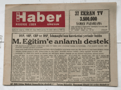 Giresun Son Haber Gazetesi 22 Nisan 1993 - M. Eğitim e Anlamlı Destek GZ7432 - 1