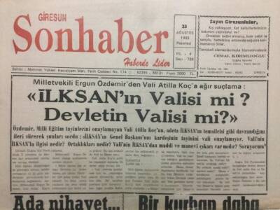 Giresun Son Haber Gazetesi 23 Ağustos 1993 - İlksanın Valisi mi Devletin Valisi mi? GZ34887 - 1