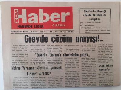Giresun Son Haber Gazetesi 23 Haziran 1992 - Grevde Çözüm Arayışı ... GZ18161 - 1