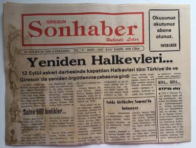 Giresun Son Haber Gazetesi 24 Ağustos 1994 - Yeniden Halkevleri... GZ39029 - 1