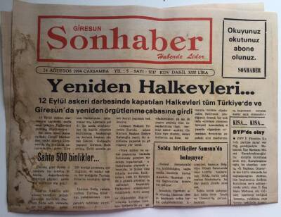 Giresun Son Haber Gazetesi 24 Ağustos 1994 - Yeniden Halkevleri... GZ39030 - 1