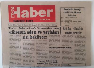 Giresun Son Haber Gazetesi 24 Haziran 1992 - Turizm Bakanı Ateşe Giresundan Mesaj Giresun Adası Ve Yaylaları Sizi Bekliyor GZ18163 - 1