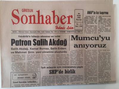 Giresun Son Haber Gazetesi 24 Ocak 1994 - Araştırmacı Gazeteci Uğur Mumcunun 1. Ölüm Yıldönümünde Anıyoruz GZ18191 - 1