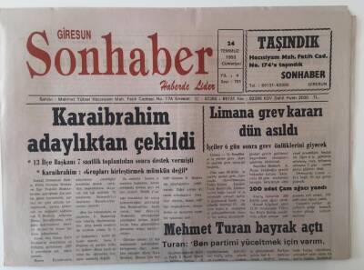 Giresun Son Haber Gazetesi 24 Temmuz 1993 - Limana Grev Kararı Dün Asıldı , FKB 55. Yılını Kutluyor GZ18290 - 1