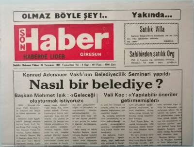 Giresun Son Haber Gazetesi 25 Temmuz 1992 Muhtarlar Dert Küpü -GZ37455 - 1