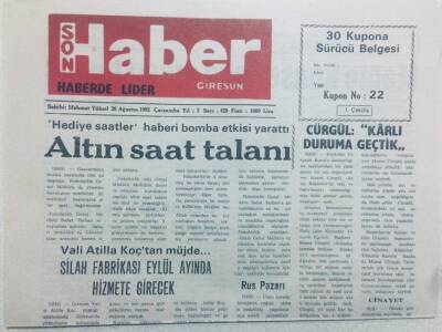 Giresun Son Haber Gazetesi 26 Ağustos 1992 - Altın Saat Talanı GZ40837 - 1