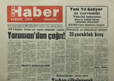 Giresun Son Haber Gazetesi 26 Ekim 1992-Dyp İl Başkanı Giresun İçin Yapılan Çalışmaları Açıkladı - GZ14085 - 1
