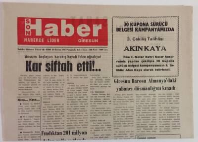 Giresun Son Haber Gazetesi 26 Kasım 1992 - Ansızın Başlayan Karakış Hayatı Felce Uğratıyor Kar Siftah Etti GZ18350 - 1