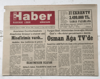 Giresun Son Haber Gazetesi 26 Nisan 1993 - Osman Ağa TV de GZ7501 - 1