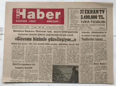Giresun Son Haber Gazetesi 27 Nisan 1993 - Giresun Bizimle Güzelleşiyor GZ7503 - 1