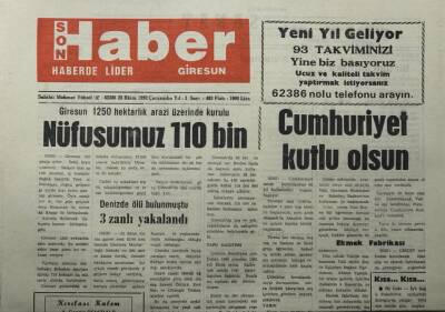 Giresun Son Haber Gazetesi 28 Ekim 1992-Giresun 1250 Hektarlık Arazi Üzerinde Kurulu Nüfusumuz 110 Bin - GZ14083 - 1