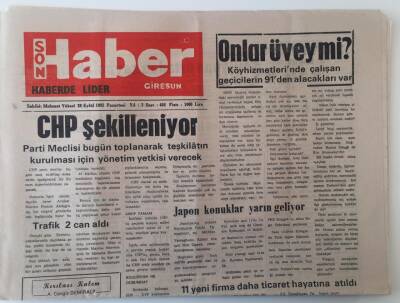 Giresun Son Haber Gazetesi 28 Eylül 1992 - CHP Şekilleniyor , Güce Filiz Çay Rağbette ... GZ18175 - 1