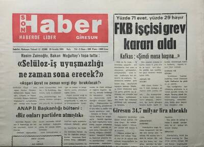 Giresun Son Haber Gazetesi 29 Aralık 1992 -FKB İşçisi Grev Kararı Aldı - GZ14060 - 1