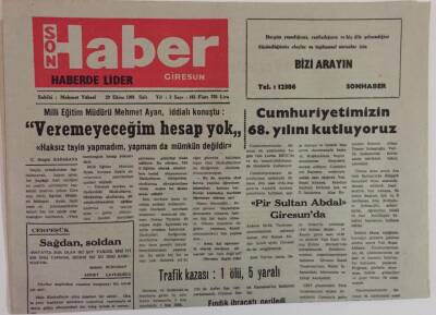 Giresun Son Haber Gazetesi 29 Ekim 1991 - Cumhuriyetimizin 68. Yılını Kutluyoruz , Pir Sultan Abdal Giresunda GZ18354 - 1
