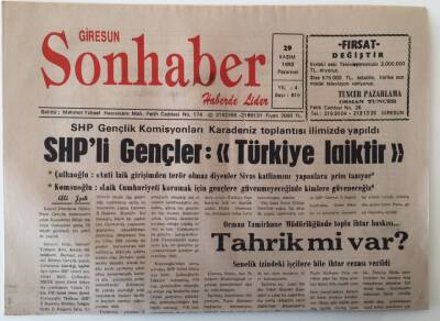 Giresun Son Haber Gazetesi 29 Kasım 1993 - SHPli Gençler Türkiye Laiktir , Eğit-Sen Törenle Açıldı GZ18292 - 1