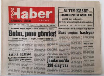 Giresun Son Haber Gazetesi 3 Ekim 1992 - Baro Seçimi Başlıyor , Evlenme Sayısı Düşük - Esnaf Senet Ödeyemiyor GZ18323 - 1