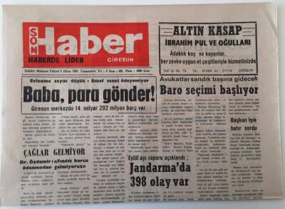 Giresun Son Haber Gazetesi 3 Ekim 1992 - Evlenme Sayısı Düşük , Esnaf Senet Ödeyemiyor Giresun Merkezde 14 Milyar 292 Milyon Borç Var GZ18328 - 1