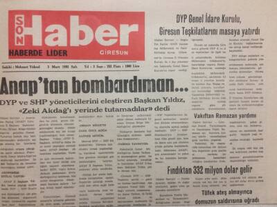 Giresun Son Haber Gazetesi 3 Mart 1992 - Anaptan Bombardıman GZ35482 - 1