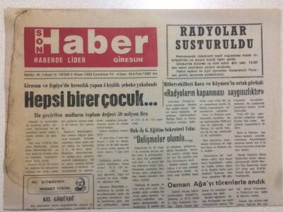 Giresun Son Haber Gazetesi 3 Nisan 1993 - Hepsi Birer Çocuk GZ38454 - 1