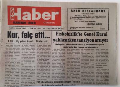 Giresun Son Haber Gazetesi 3 Ocak 1992 - Kar Felç Etti , Fiskobirlikte Genel Kurul Yaklaşırken Tansiyon Artıyor GZ18319 - 1