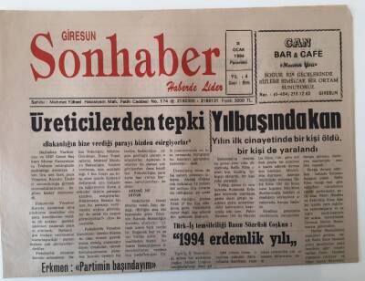 Giresun Son Haber Gazetesi 3 Ocak 1994 - Çaldağı Belediyesi Kuruldu , Giresunspor Basın Sözcüsü Tacettin Cem Kurt Hedefimiz Daha İyiye Gitmek GZ18305 - 1
