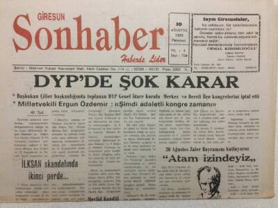 Giresun Son Haber Gazetesi 30 Ağustos 1993 - DYPde Şok Karar GZ34885 - 1