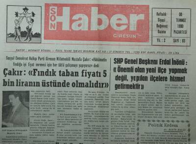 Giresun Son Haber Gazetesi 30 Temmuz 1990 -Çakır Fındık Taban Fiyatı 5 Bin Liranın Üstünde Olmalıdır- GZ14062 - 1