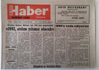 Giresun Son Haber Gazetesi 31 Aralık 1991 - 1991e Veda Ediyoruz , Belediye Başkanı Mehmet Işık 1992 Yılı Atılım Yılımız Olacak GZ18317 - 1