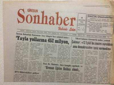 Giresun Son Haber Gazetesi 4 Ağustos 1993 - Yayla Yollarına 452 Milyon GZ35488 - 1