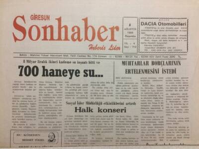 Giresun Son Haber Gazetesi 5 Ağustos 1993 - 700 Haneye Su GZ35487 - 1