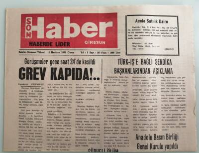 Giresun Son Haber Gazetesi 5 Haziran 1992 Türk-İşe Bağlı Sendika Başkanlarından Açıklama -GZ33342 - 1